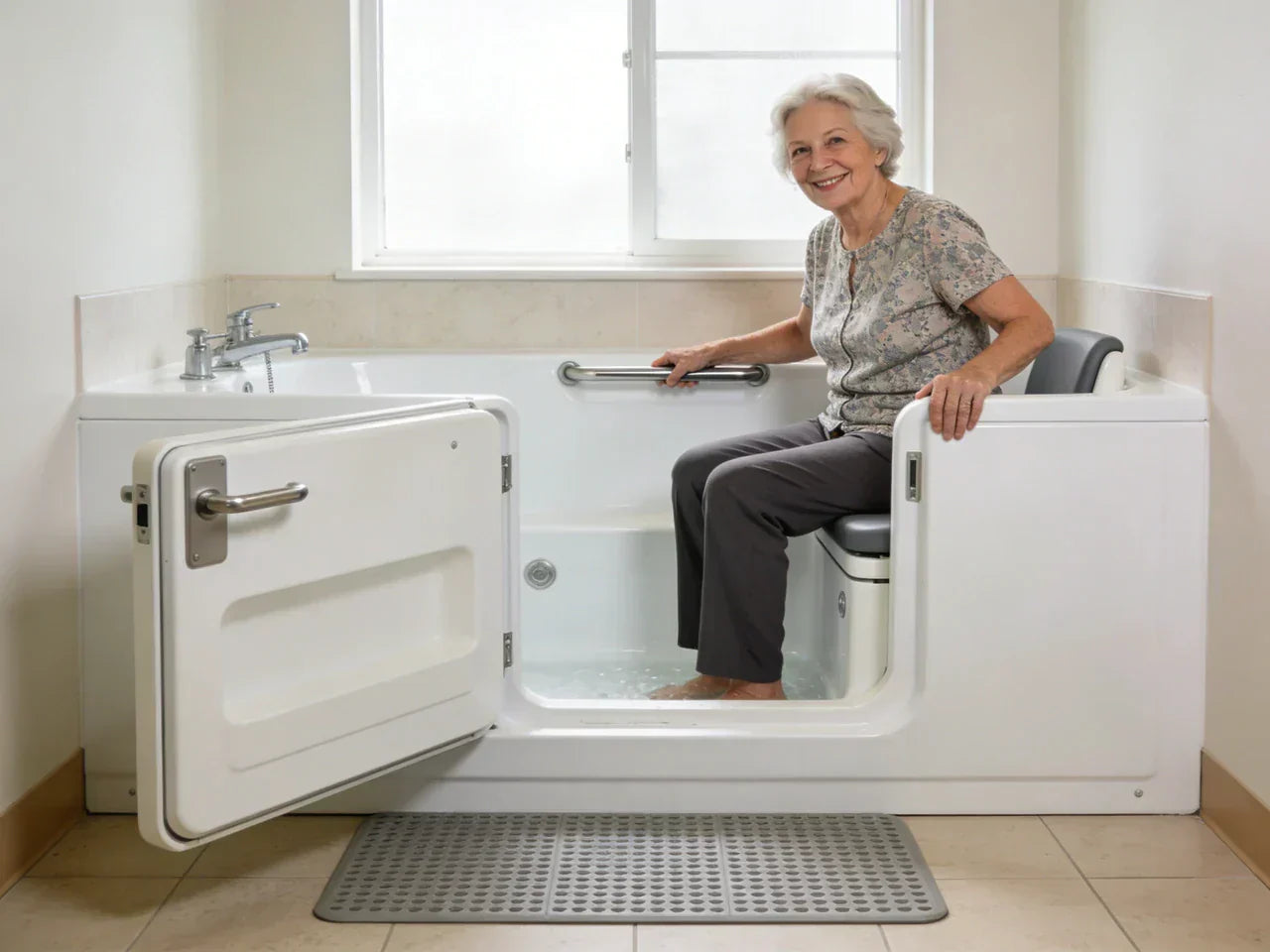 Senior avec peur dans la salle de bain à Samer — solutions d'adaptation